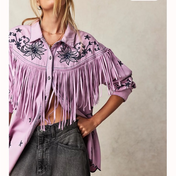 Free People Tops - Free People Great Plains Fringe Denim Top Lilac Embroidered western shirt L